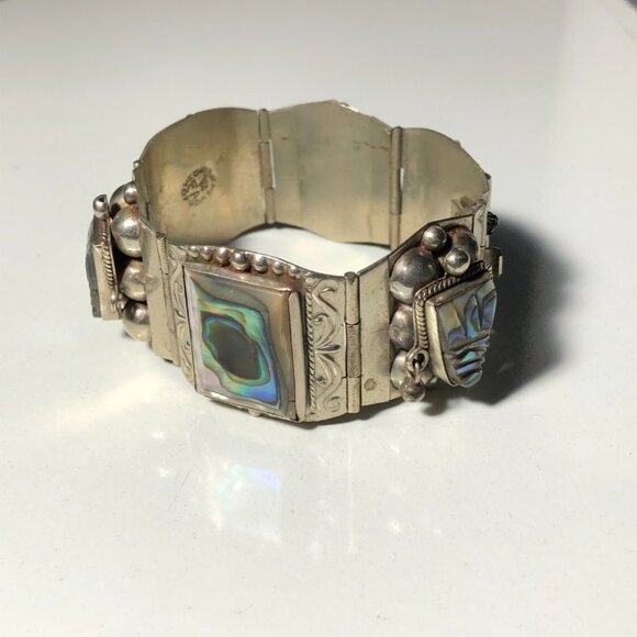 Vintage Sterling Silver Panel Bracelet Abalone Aztec Taxco Mexico Eagle Head - Picture 15 of 15